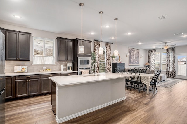 kitchen with appliances with stainless steel finishes, an island with sink, sink, hanging light fixtures, and ceiling fan