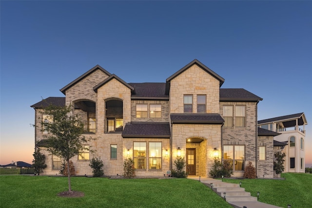 view of front of property with a balcony and a lawn