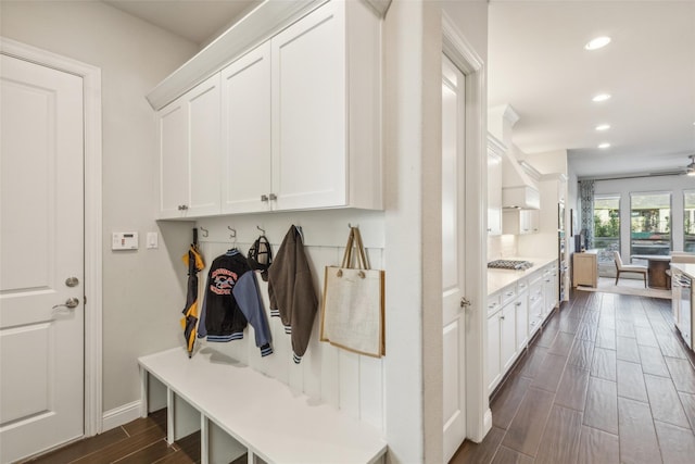 mudroom featuring ceiling fan