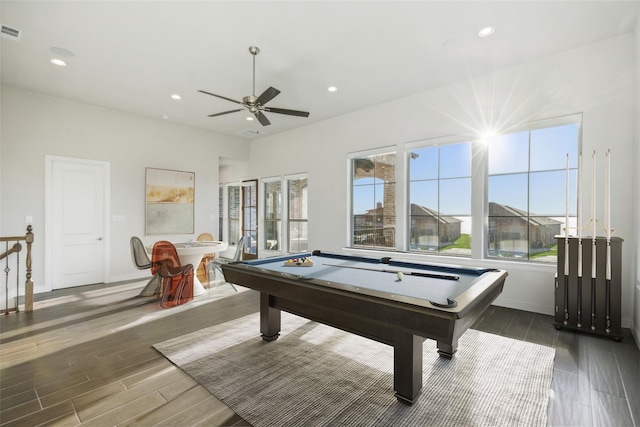 rec room featuring ceiling fan and pool table