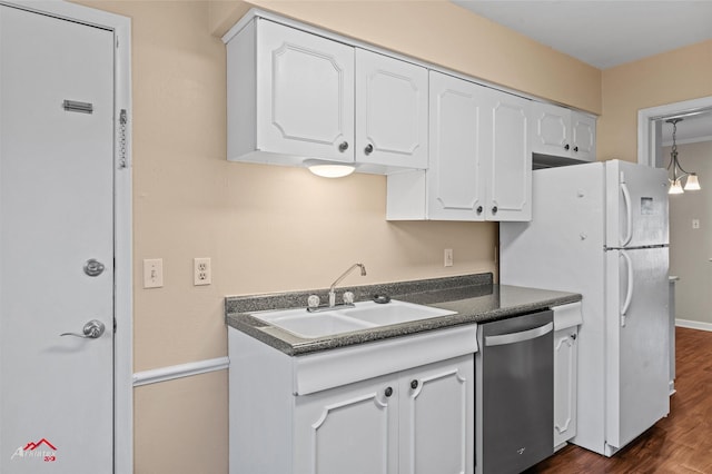 kitchen with dishwasher, dark wood-type flooring, white cabinetry, white fridge, and sink