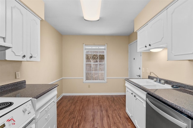 kitchen with white cabinetry, dark wood-type flooring, dishwasher, white electric stove, and sink