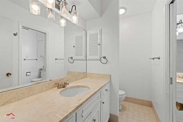 bathroom with toilet, tile patterned floors, and vanity