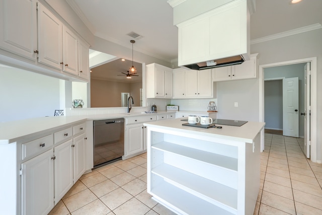 kitchen featuring black appliances, decorative light fixtures, white cabinetry, kitchen peninsula, and ceiling fan