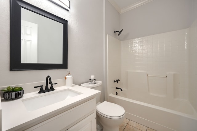 bathroom with toilet, tile patterned flooring, tub / shower combination, crown molding, and vanity
