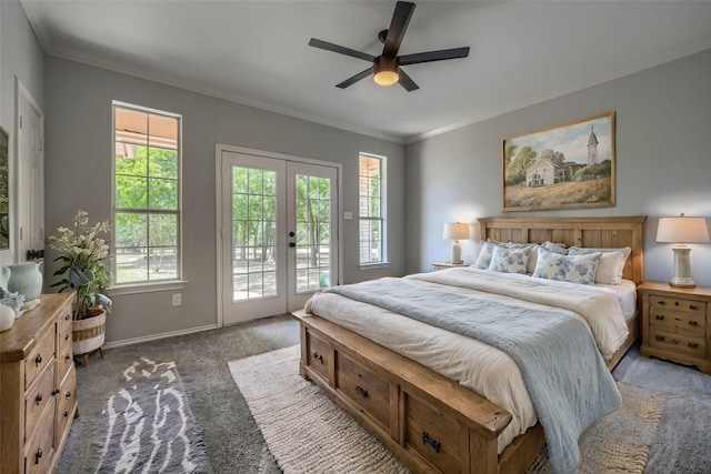 bedroom with ceiling fan, carpet floors, access to outside, french doors, and ornamental molding