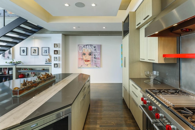 kitchen with cream cabinetry, dark hardwood / wood-style floors, stainless steel appliances, and extractor fan