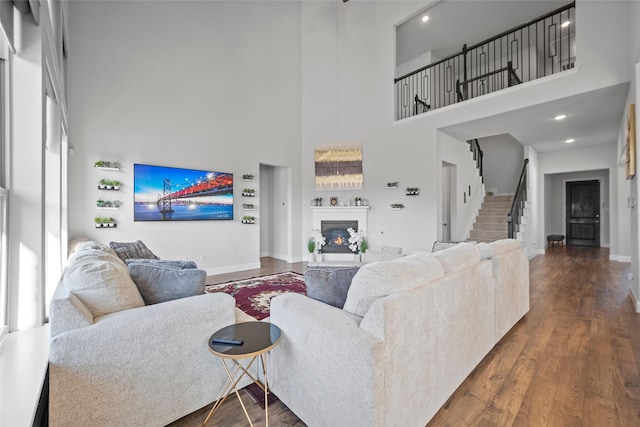 living room with a high ceiling and wood-type flooring