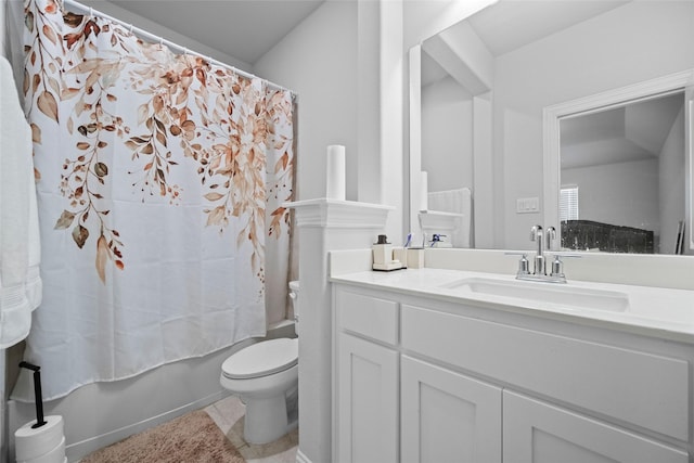 full bathroom with toilet, vanity, and shower / bathtub combination with curtain