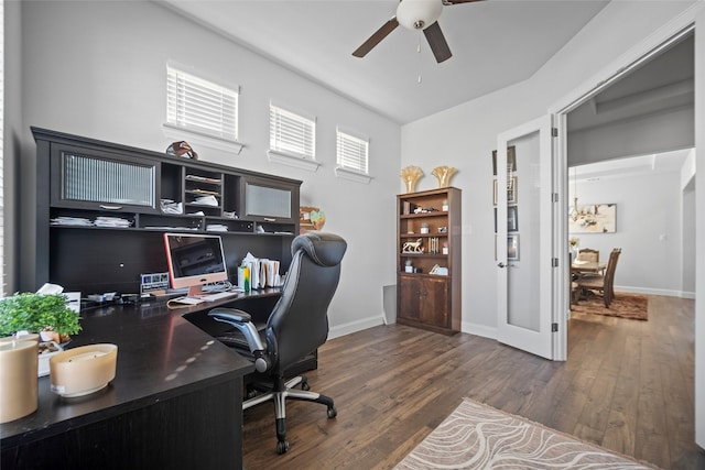 office space featuring ceiling fan and dark hardwood / wood-style floors