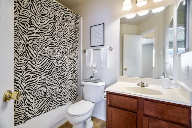 full bathroom with toilet, vanity, and shower / bath combination with curtain