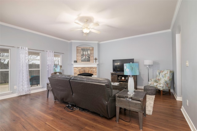 living room with a fireplace, dark wood-type flooring, ceiling fan, and crown molding