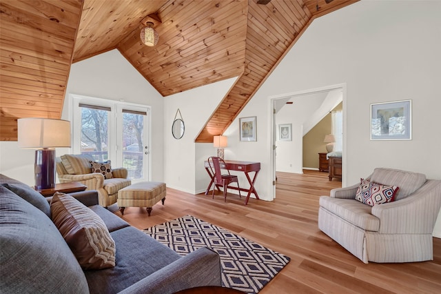 living room featuring high vaulted ceiling, wooden ceiling, and light hardwood / wood-style floors