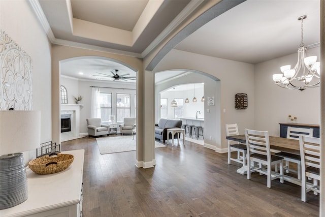 dining area featuring dark hardwood / wood-style flooring, ceiling fan with notable chandelier, and a tray ceiling