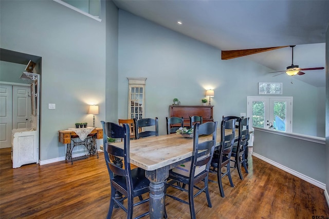 dining room featuring ceiling fan, french doors, vaulted ceiling, and dark hardwood / wood-style flooring