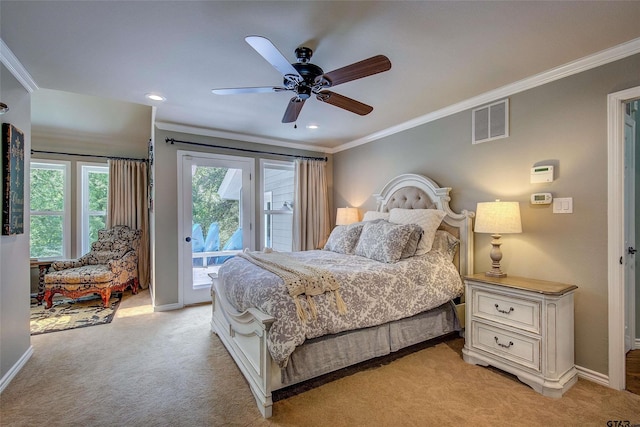 carpeted bedroom featuring ceiling fan, access to exterior, and ornamental molding