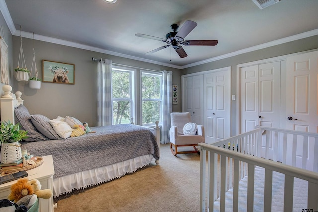 bedroom featuring ceiling fan, two closets, carpet, and ornamental molding