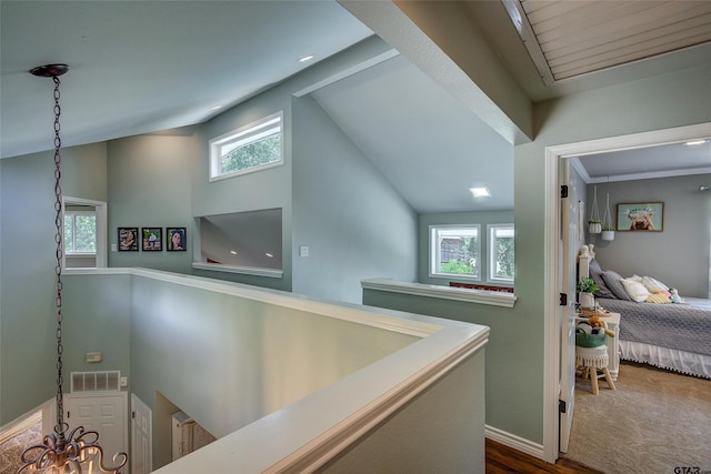 hall with dark hardwood / wood-style flooring and high vaulted ceiling