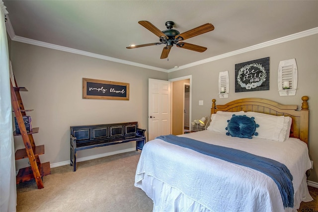 bedroom with ceiling fan, ornamental molding, and carpet flooring