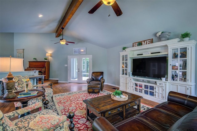 living room with ceiling fan, wood-type flooring, french doors, and vaulted ceiling with beams