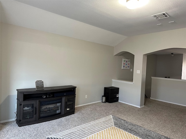 interior space with vaulted ceiling, a textured ceiling, and carpet flooring