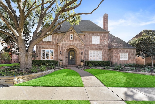 tudor-style house with a front lawn