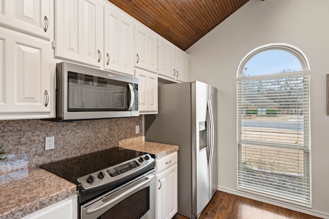 kitchen with white cabinetry, backsplash, stainless steel appliances, and wooden ceiling