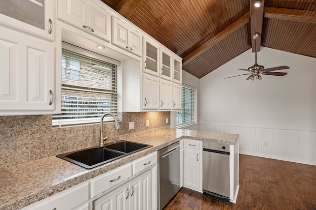 kitchen with white cabinets, wood ceiling, sink, lofted ceiling with beams, and stainless steel dishwasher