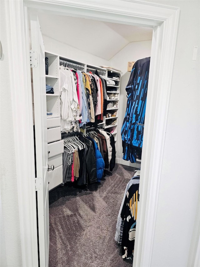 walk in closet with carpet and lofted ceiling