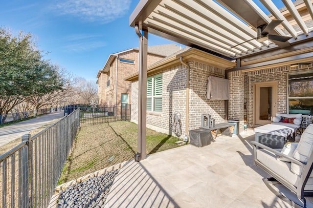 view of patio / terrace with ceiling fan and an outdoor hangout area