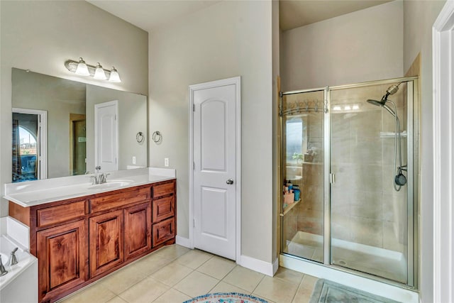 bathroom featuring vanity, tile patterned flooring, and a shower with door