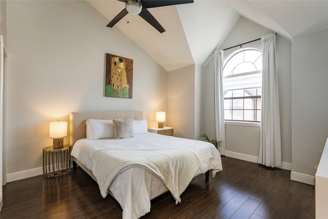 bedroom with lofted ceiling, ceiling fan, and dark hardwood / wood-style flooring