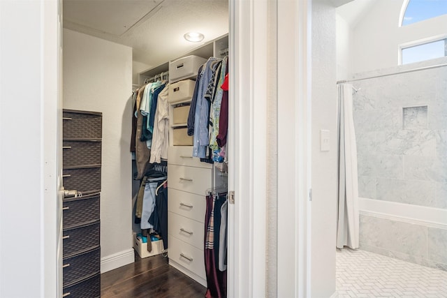 spacious closet with dark wood-type flooring