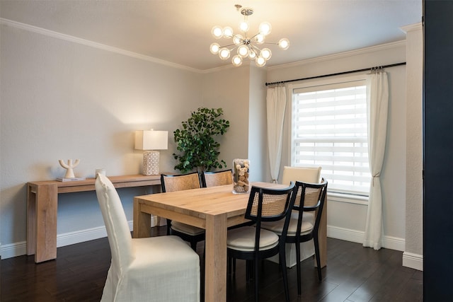 dining space featuring ornamental molding, a chandelier, and dark hardwood / wood-style flooring