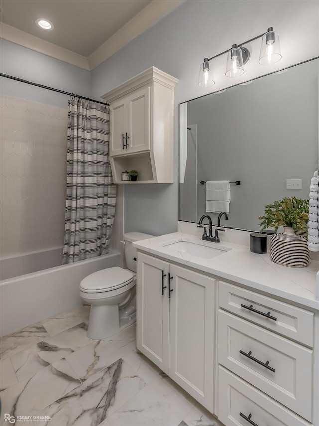 bathroom featuring toilet, shower / tub combo, marble finish floor, and vanity