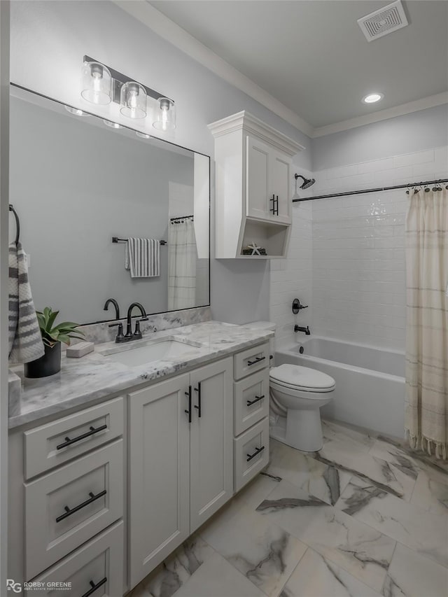 full bath featuring shower / bath combo, visible vents, marble finish floor, crown molding, and vanity