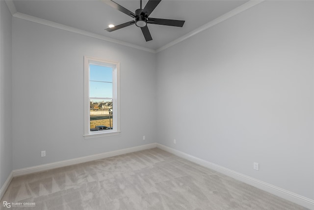 spare room with light carpet, baseboards, a ceiling fan, crown molding, and recessed lighting