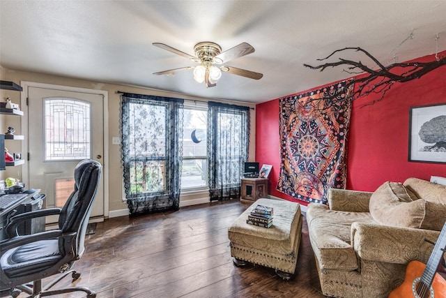 office featuring ceiling fan, dark hardwood / wood-style flooring, and a wealth of natural light