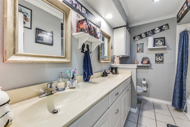 full bathroom with toilet, shower / bath combo, tile patterned flooring, crown molding, and vanity