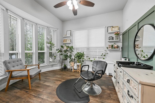 living area featuring ceiling fan and dark hardwood / wood-style flooring