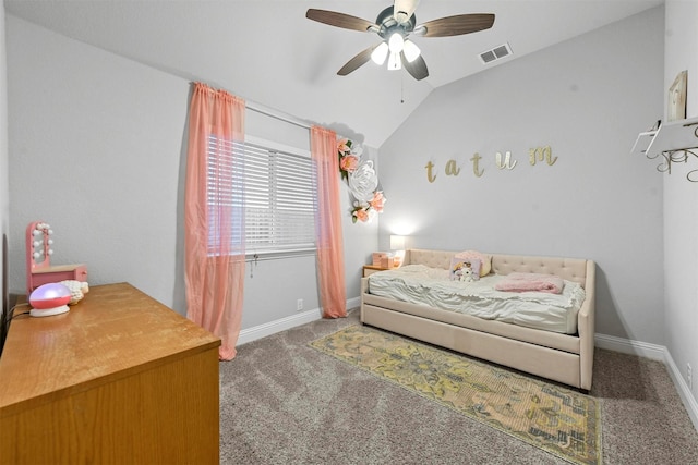 bedroom featuring carpet floors, vaulted ceiling, and ceiling fan