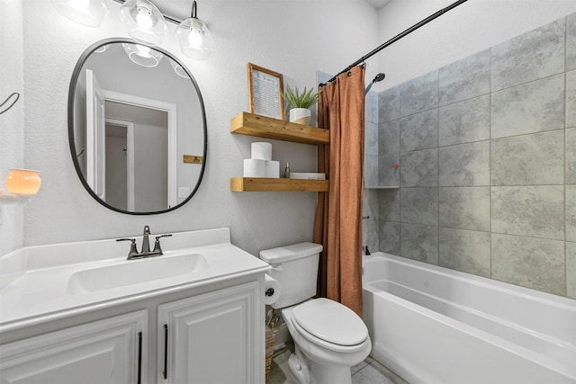 full bathroom with shower / bathtub combination with curtain, vanity, and toilet