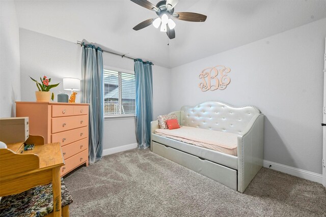 carpeted bedroom featuring ceiling fan