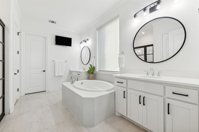 full bath with two vanities, a sink, visible vents, and crown molding