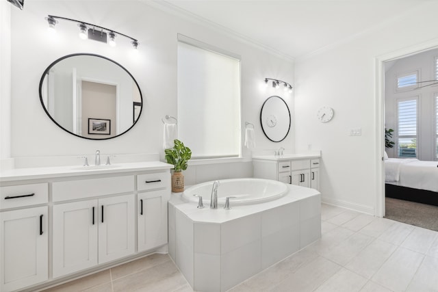 bathroom featuring vanity, plenty of natural light, tile patterned floors, and ornamental molding