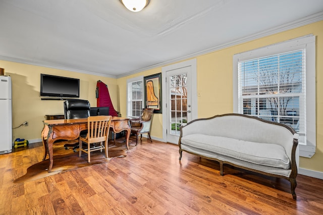 office with ornamental molding and hardwood / wood-style flooring