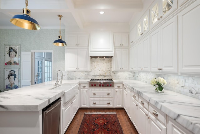 kitchen with appliances with stainless steel finishes, decorative light fixtures, white cabinetry, premium range hood, and beam ceiling