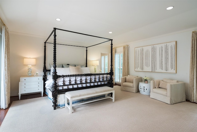 carpeted bedroom featuring ornamental molding