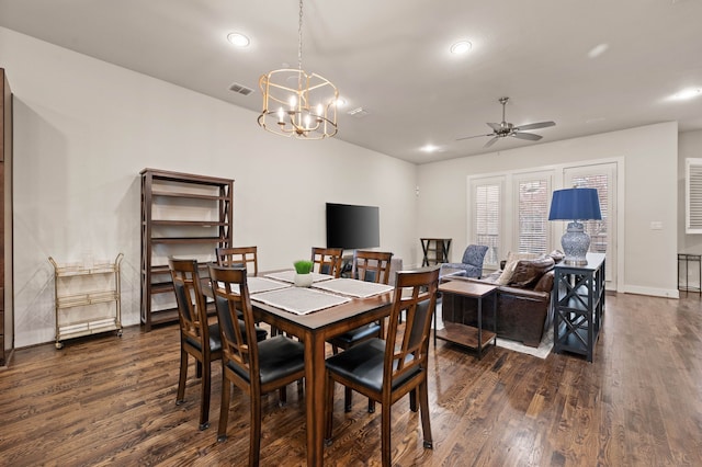 dining area with baseboards, visible vents, dark wood-type flooring, and recessed lighting