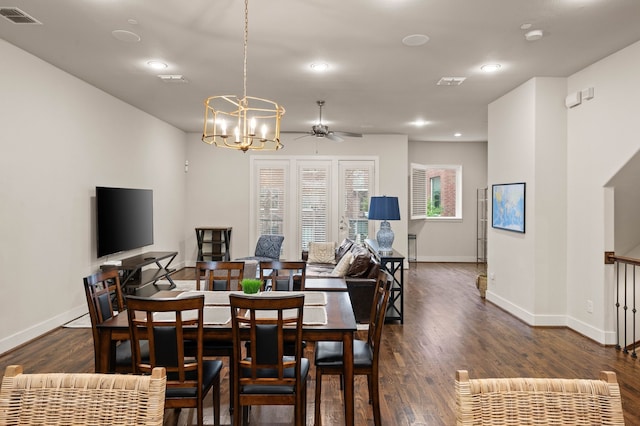 4211 Rawlins St Unit 733, Dallas, TX 75219 - dining space featuring baseboards, a chandelier, recessed lighting, dark wood-style floors, and a ceiling fan